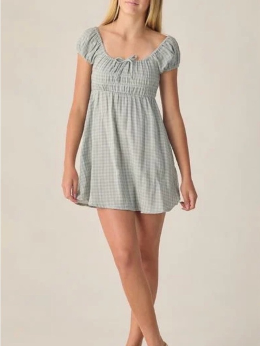 Rylee + cru nwt Joya teen Smocked Gingham Mini Dress in Light Sage